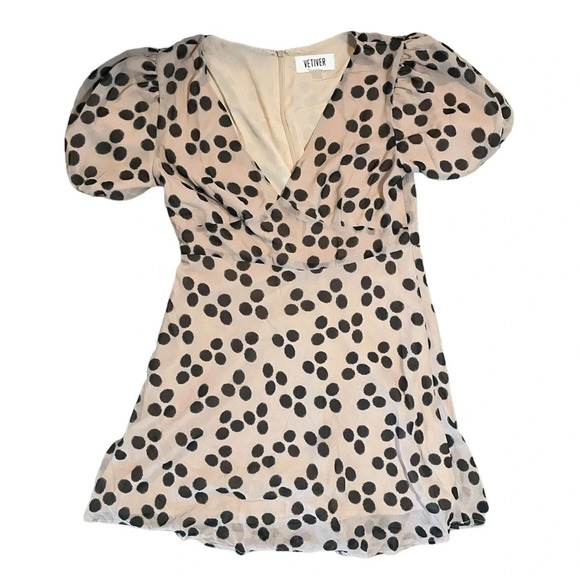 Vetiver Vintage Polka Dot Puff Sleeve Mini Dress Size 8 Tan Black Preppy - Picture 1 of 7